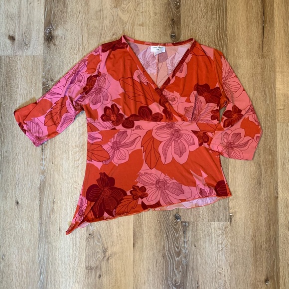 🌺Floral Y2K Shirt w/ Asymmetrical Lettuce Trim Hem and 3/4 Length Sleeves XL🌺 - Picture 2 of 6